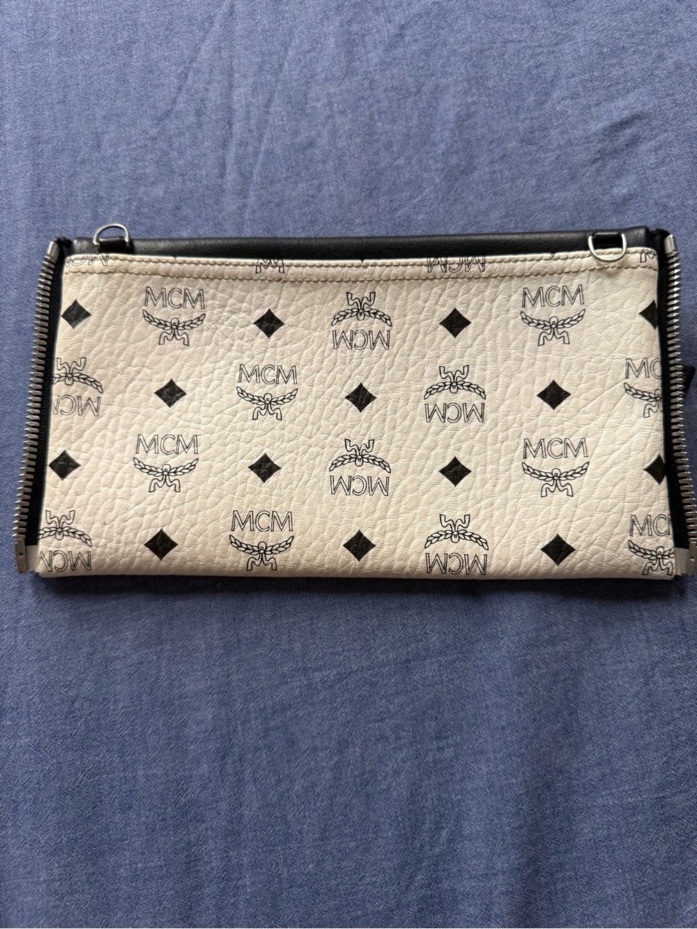 MCM Black and White Logo Studded Leather Wristlet Clutch - Picture 3 of 3